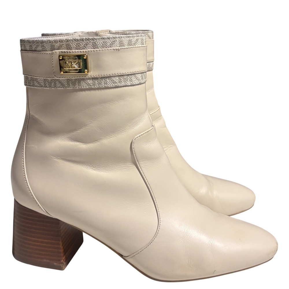 Michael Kors Cream Leather Ankle Block Heel Boots Size 9.5 MK Logo Hardware